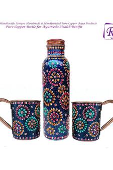 Handmade Pure Copper Outer Hand Painted Art Work Water Bottle (Joint Free & leak proof) and Mug - Cup 16 oz (2)