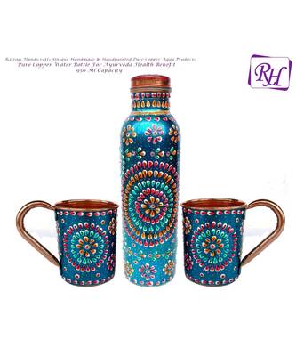 Handmade Copper Outer Hand Painted Art Work Water Bottle (Joint Free & leak proof) and Mug - Cup 16 oz (2) Terquoise 1