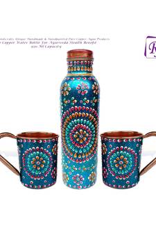 Handmade Copper Outer Hand Painted Art Work Water Bottle (Joint Free & leak proof) and Mug - Cup 16 oz (2) Terquoise