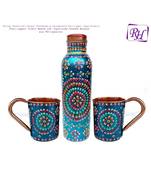 Handmade Copper Outer Hand Painted Art Work Water Bottle (Joint Free & leak proof) and Mug - Cup 16 oz (2) Terquoise