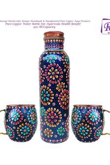 Handmade Copper Outer Hand Painted Art Work Water Bottle (Joint Free & leak proof) AND Mug - Cup 16 oz (2) blue