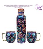 Handmade Copper Outer Hand Painted Art Work Water Bottle (Joint Free & leak proof) AND Mug - Cup 16 oz (2) blue