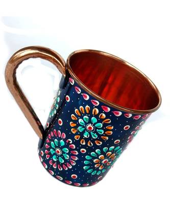 Handmade Pure Copper Outer Hand Painted Art Work Wine, Vodka, Beer,Cocktail,Juice, Cold Coffee Straight Mug - Cup 16 oz 1