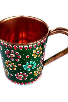Handmade Pure Copper Outer Hand Painted Art Work Wine, Vodka, Beer,Cocktail,Juice, Cold Coffee Straight Mug - Cup 16