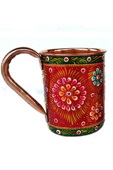 Handmade Pure Copper Outer Hand Painted Art Work Wine, Vodka, Beer,Cocktail,Juice, Cold Coffee Straight Mug - Cup 16