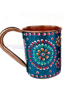 Handmade Pure Copper Outer Hand Painted Art Work Wine, Vodka, Beer,Cocktail,Juice, Cold Coffee Straight Mug - Cup 16 oz