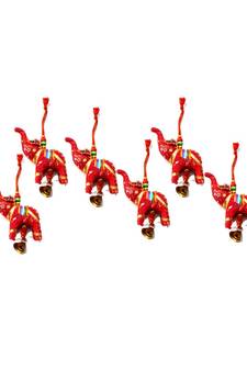 Elephant Bell Hanging Layer Set of 6 Home Christmas Hanging ative Ornaments Multi Colored Indian Traditional (RED)