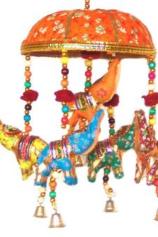 Indian Traditional Elephant Orange Umbrella Hanging Layer of Five Elephant Door Hanging, ative Hanging