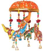 Indian Traditional Elephant Orange Umbrella Hanging Layer of Five Elephant Door Hanging, ative Hanging