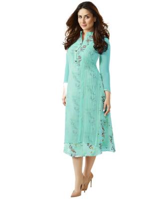 Brijraj Sky Blue Color Georgette Double Layered Stone Work Kurti 1