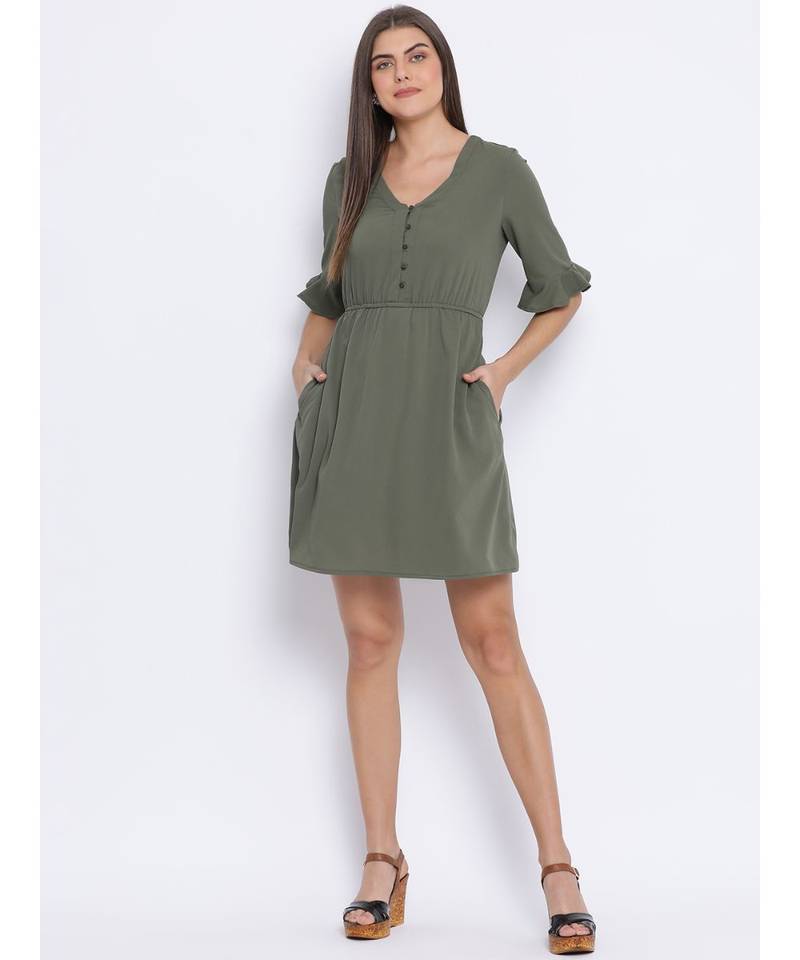 Khaki Latch Tie-Knot Women Dress