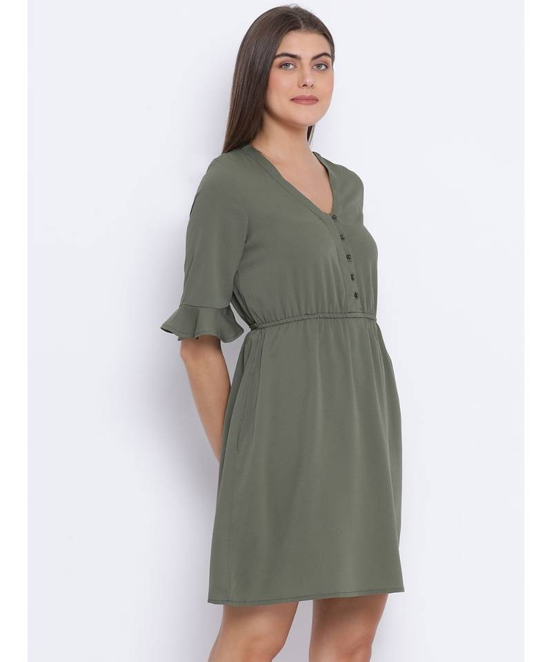 Khaki Latch Tie-Knot Women Dress