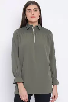 Khaki Lee Zipper Women Tunic