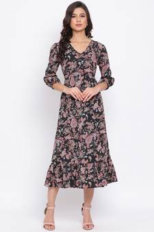 Black Floral Wave Maxi Women Dress