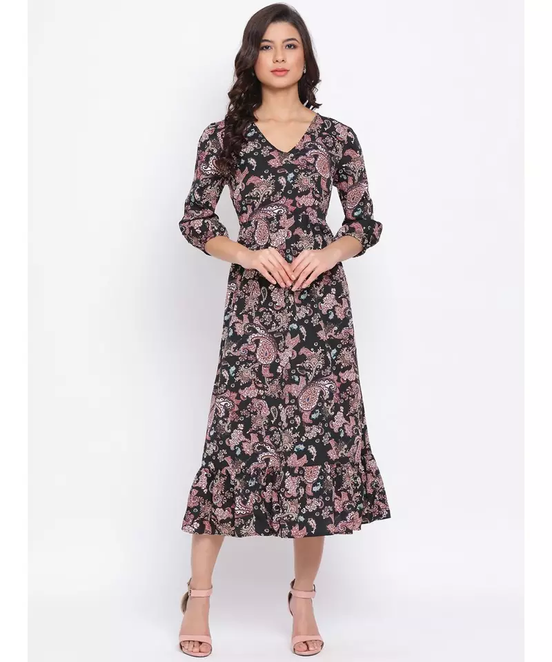 Black Floral Wave Maxi Women Dress