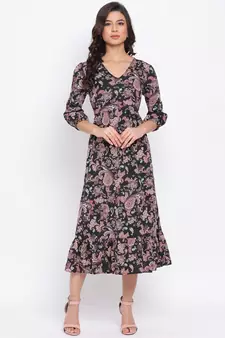 Black Floral Wave Maxi Women Dress