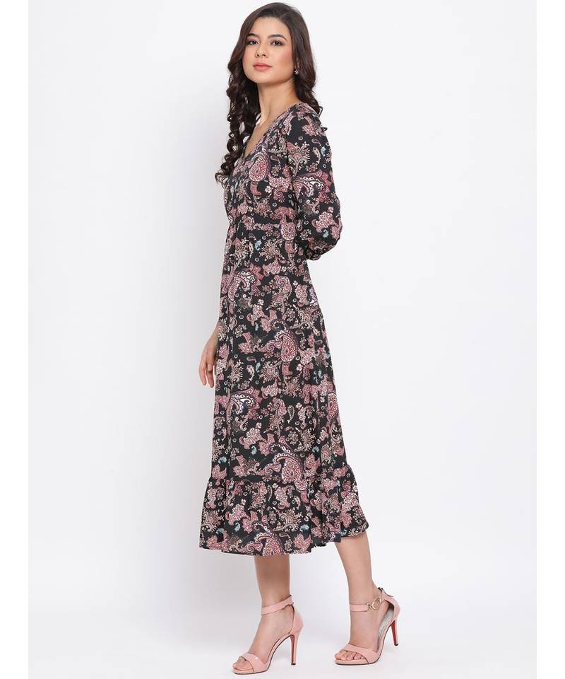 Black Floral Wave Maxi Women Dress