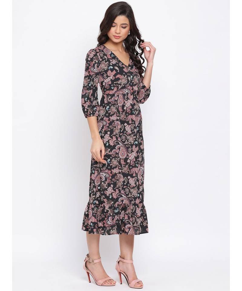 Black Floral Wave Maxi Women Dress