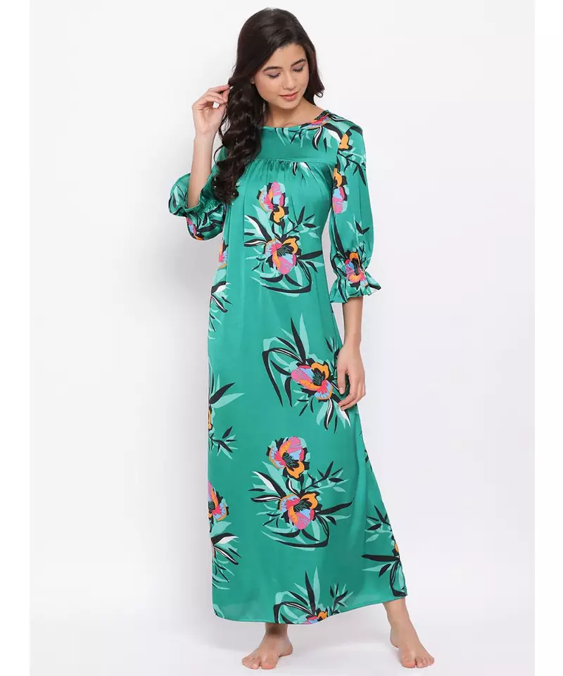 Green Floral Nightwear Women Dress