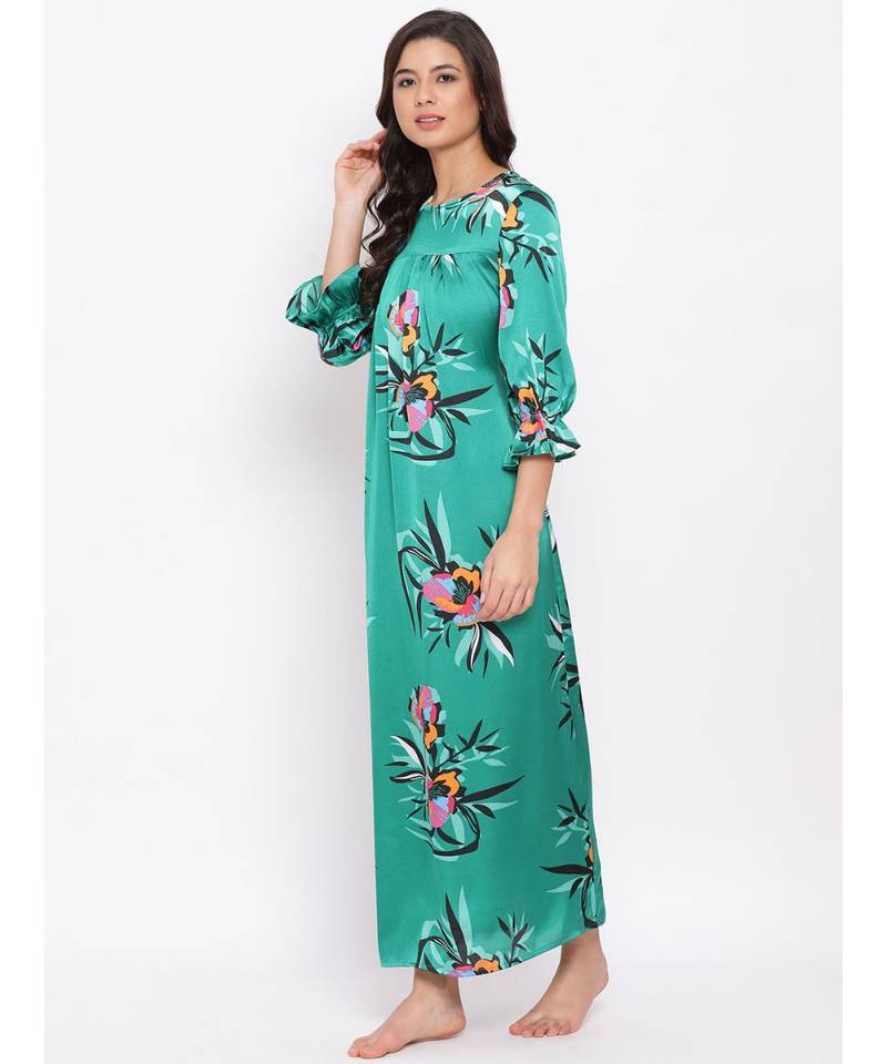 Green Floral Nightwear Women Dress