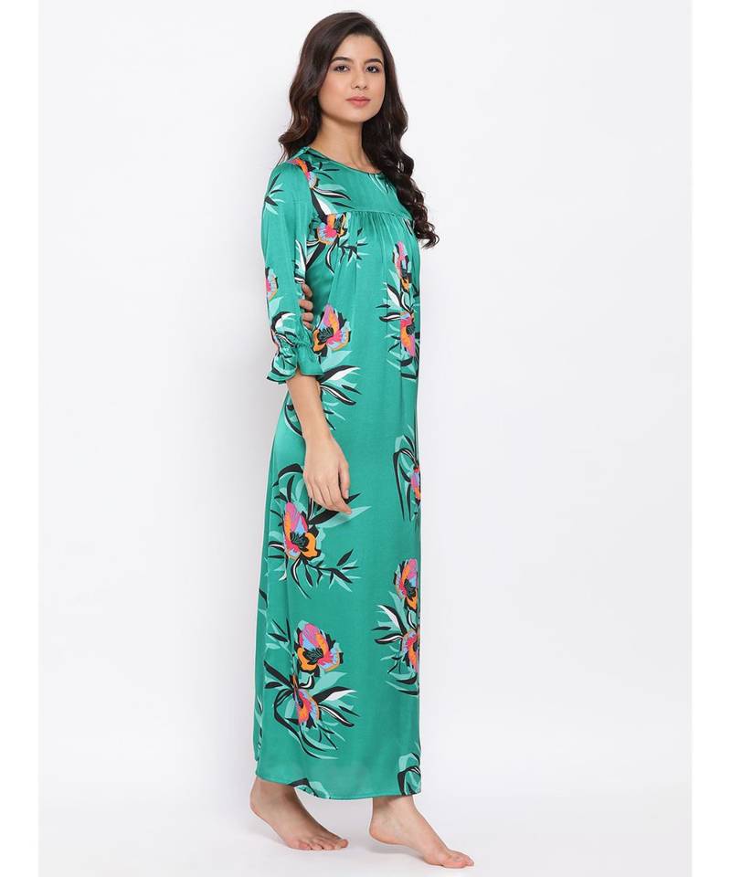 Green Floral Nightwear Women Dress