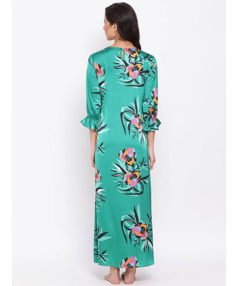 Green Floral Nightwear Women Dress