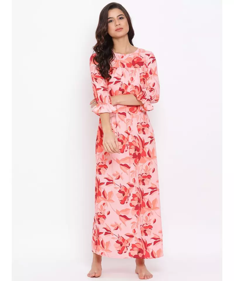 Red Floral Nightwear Women Dress