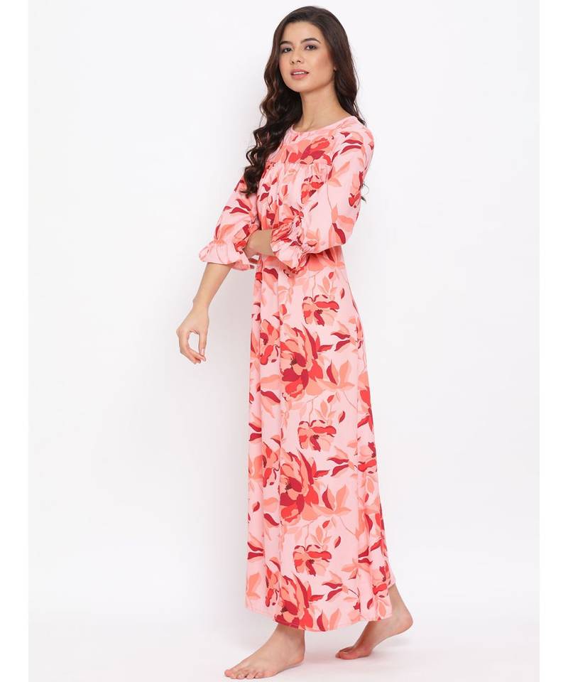 Red Floral Nightwear Women Dress