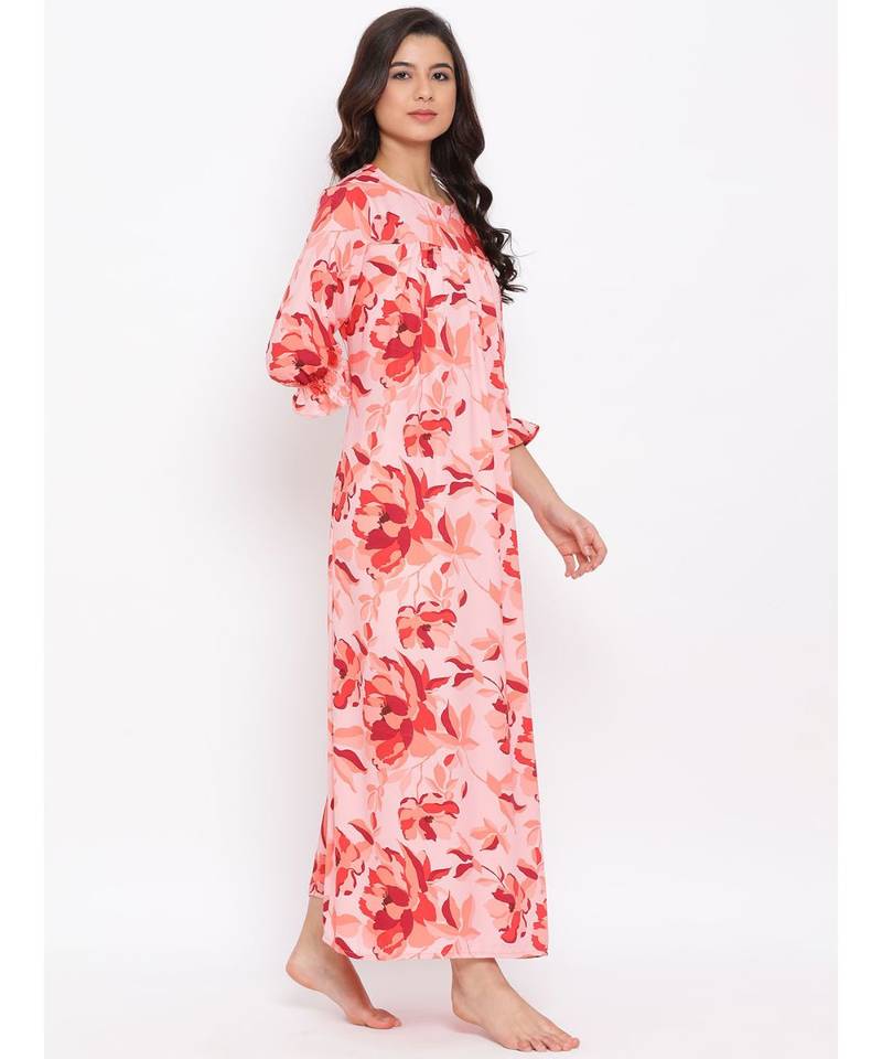 Red Floral Nightwear Women Dress