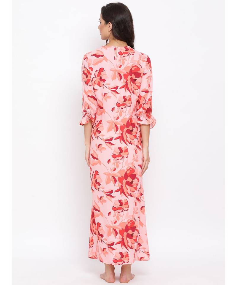 Red Floral Nightwear Women Dress