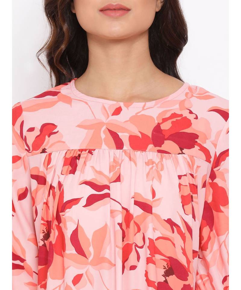 Red Floral Nightwear Women Dress