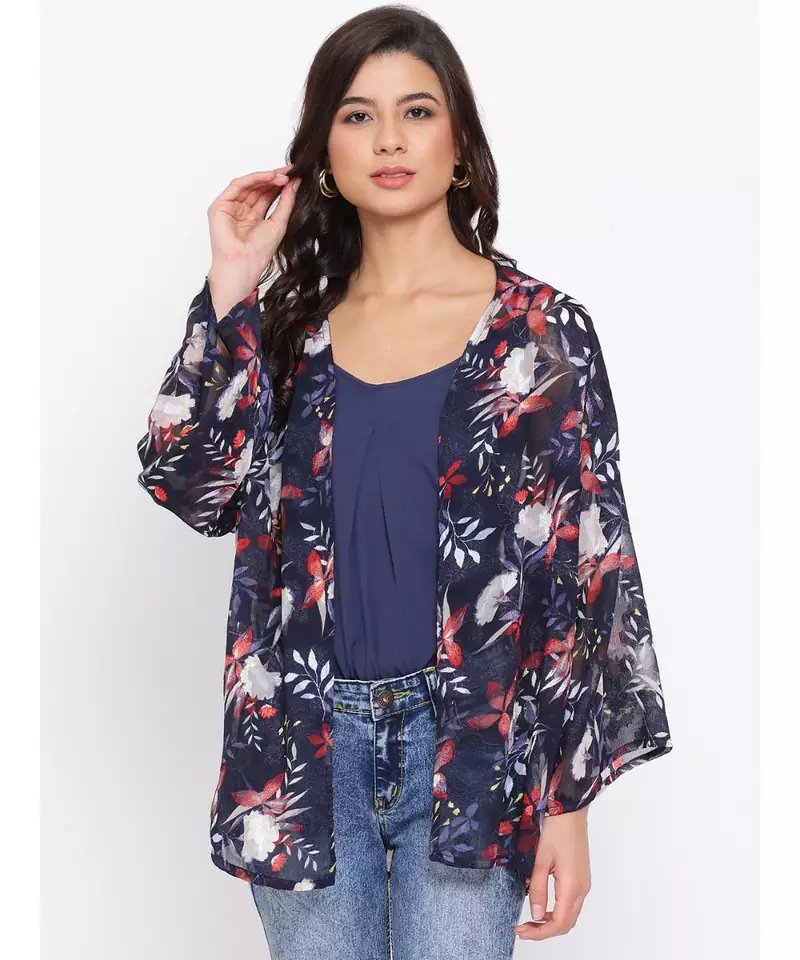 Floral Blue Print Women Shrug With Cami