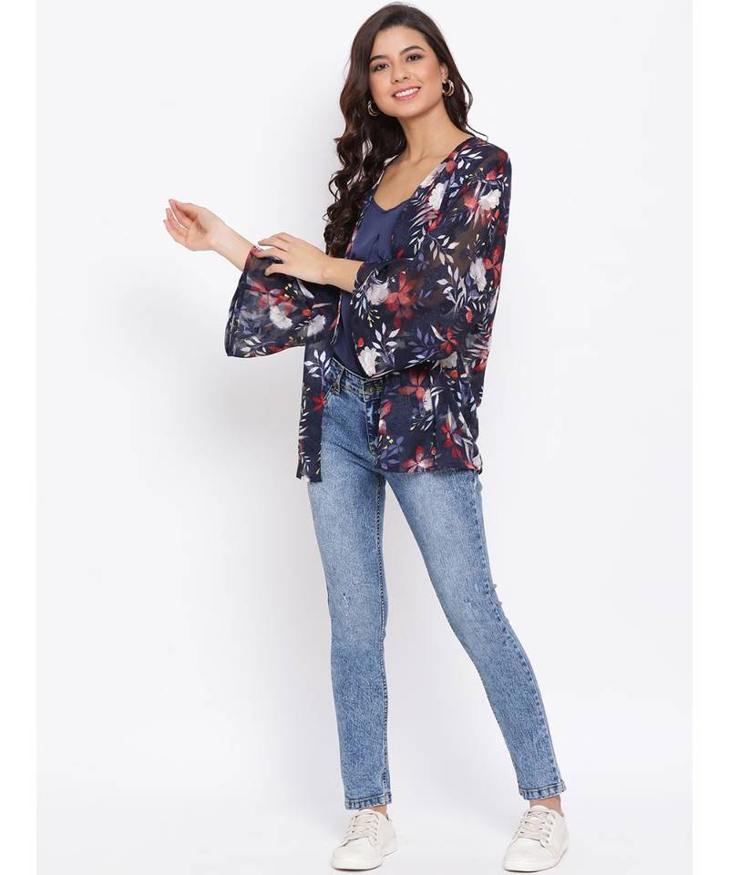 Floral Blue Print Women Shrug With Cami