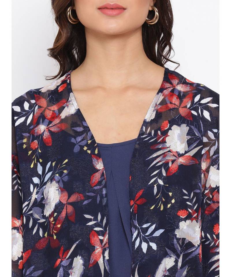 Floral Blue Print Women Shrug With Cami