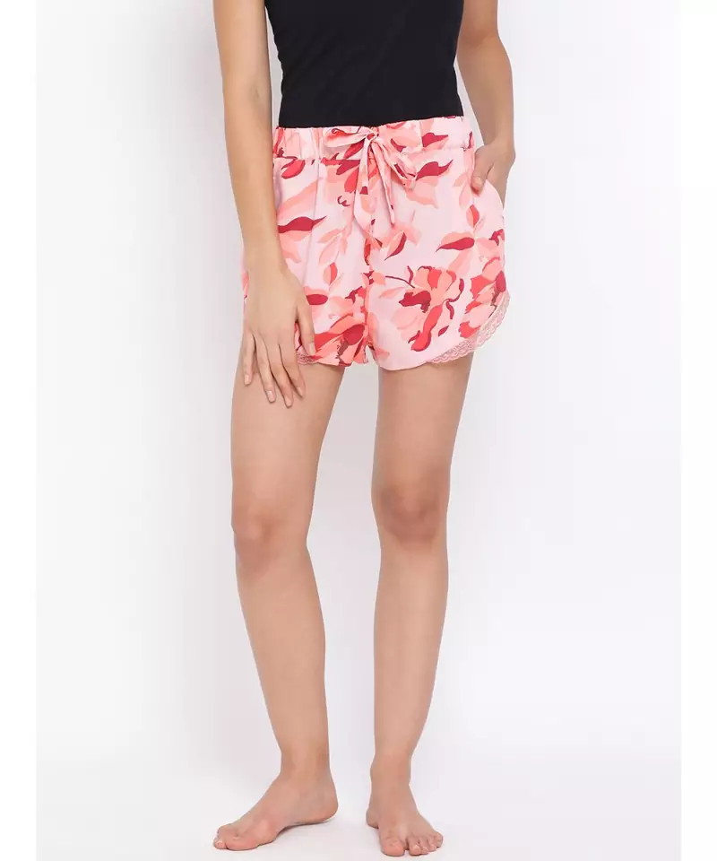 Red Floral Nightwear Women Shorts