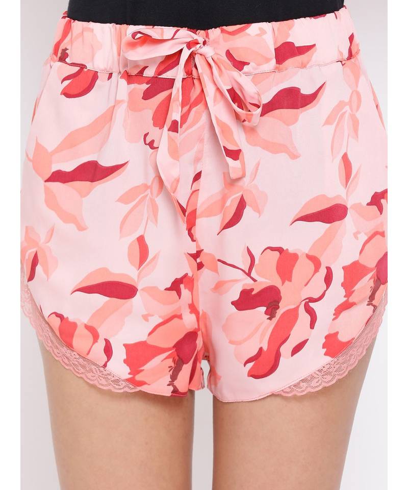 Red Floral Nightwear Women Shorts