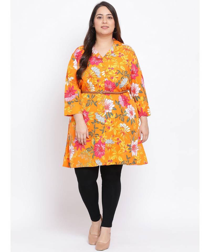 Orange Floral Den Plus Size Women Tunic
