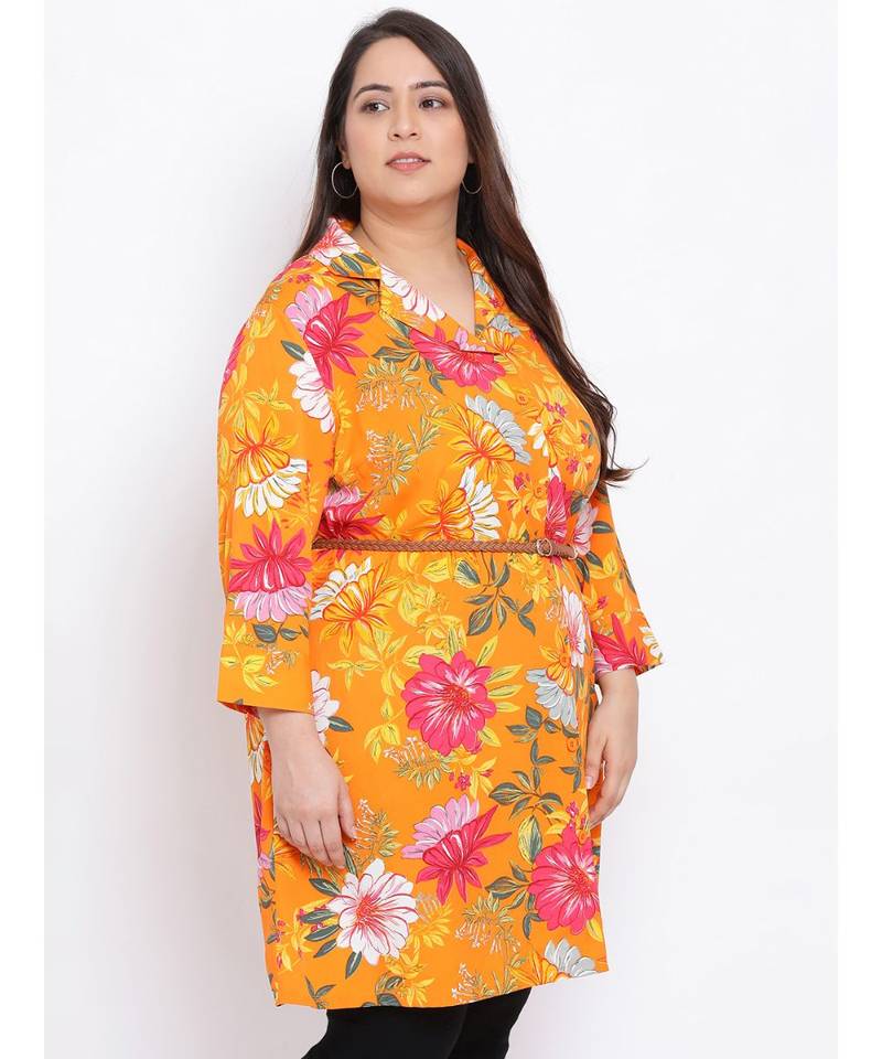Orange Floral Den Plus Size Women Tunic