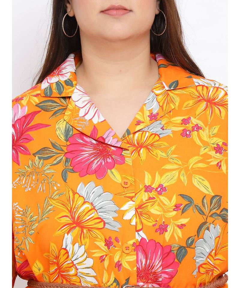 Orange Floral Den Plus Size Women Tunic