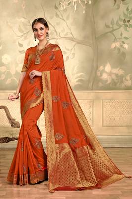 Indian Women Orange Poly Silk Embroidered with jaqcard Pallu Heavy Work Saree 1