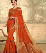 Indian Women Orange Poly Silk Embroidered with jaqcard Pallu Heavy Work Saree