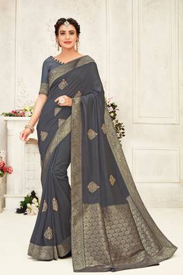 Indian Women Grey Poly Silk Embroidery work with Jacqard pallu Designer Saree 1