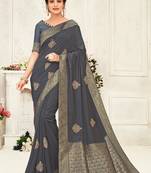Indian Women Grey Poly Silk Embroidery work with Jacqard pallu Designer Saree