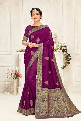 Indian Women Purple Poly Silk Embroidery work with Jacqard pallu Designer Saree 1