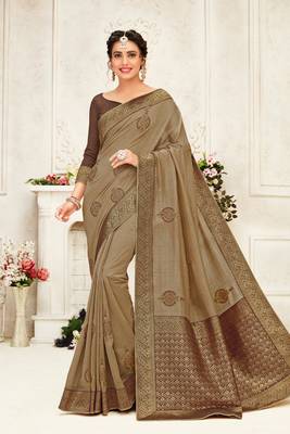 Indian Women Brown Poly Silk Embroidery work with Jacqard pallu Designer Saree 1