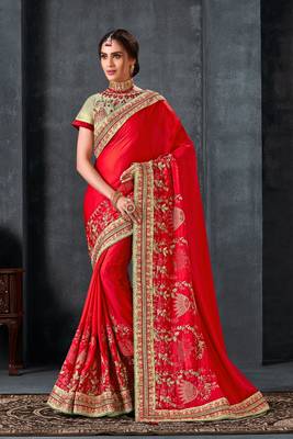Indian Women Red Poly Silk Heavy Embroidered Work Designer Saree 1