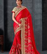 Indian Women Red Poly Silk Heavy Embroidered Work Designer Saree