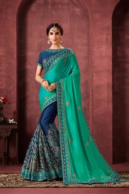 Indian Women Green and blue Poly Silk Heavy Embroidered Work Designer Saree 1