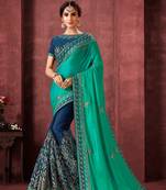 Indian Women Green and blue Poly Silk Heavy Embroidered Work Designer Saree