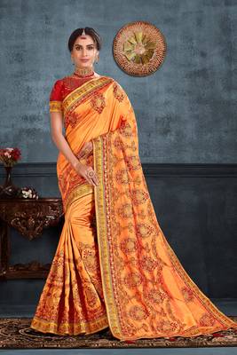 Indian Women Orange Poly Silk Heavy Embroidered Work Designer Saree 1